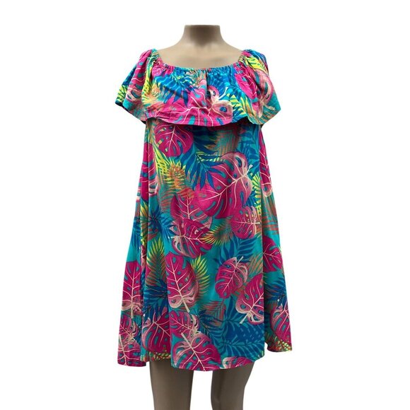 Ingear Resort Tropical Leaf Print Off-Shoulder Summer Oversized Swim Dress NWT - Picture 3 of 13